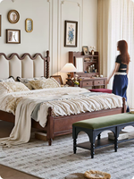 Lit Rétro Français en Bois de Cerisier Massif avec Tête de Lit en Cuir Souple, 1,81 m x 5 m, Lit Double Style Antique, Meuble de Chambre