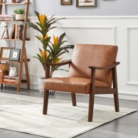 Fauteuil moderne du milieu du siècle avec dossier haut chaise d'appoint en cuir PU pieds en bois massif pour salle à manger hôtel lecture loisirs salon