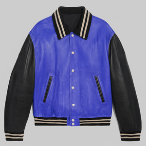 Men's Brown <b>Leather</b> Varsity <b>Jacket</b> With Black Sleeves Turn-down Collar Casual Style Autumn Wear - Product Image 3
