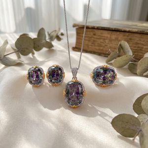 9 Vintage 12*16-10*12mm Cushion Cut Zircon Jewelry Set High Quality <b>Copper</b> Gold Plated 3-Piece Certified Wedding Anniversary - Product Image 3
