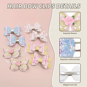 Embroidered Flower Sweet PU Leather and Fabric Butterfly Hairpin Printed Glitter Shiny <b>Bow</b> Three-Layer Bang Hair <b>Clip</b> - Product Image 6