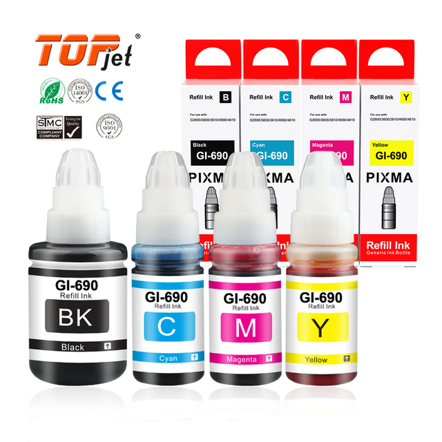 Topjet Premium Ink GI-690 GI690 GI 690 Compatible Color Water Based Bottle Refill Bulk Ink for Canon PIXMA G2600 G3600