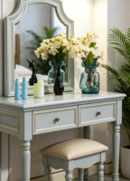 Coiffeuse de luxe en bois massif d'acajou de style français avec miroir éclairé, 2 tiroirs de rangement, meuble de chambre polyvalent et durable