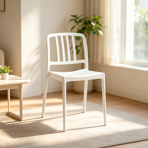 Chaise de salle à manger moderne en plastique blanc avec dossier géométrique, design minimaliste, empilable, mobilier pour la maison - Product Image 1