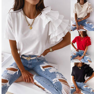 <span class=keywords><strong>Wish</strong></span>-blusa Falbala con cuello redondo para <span class=keywords><strong>mujer</strong></span>, blusa elegante de verano - Product Image 1