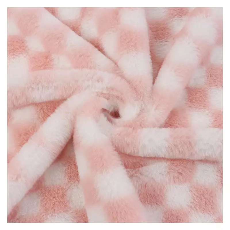 2022 new checker plaid design fake polyester rabbit fur print fabric for toys and winter coat