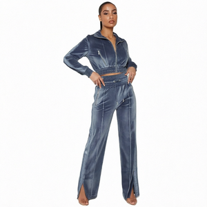 Women's <b>Velour</b> <b>Tracksuit</b> 2 Piece Set Cropped Zip Jacket High Waist Wide Leg Pants Casual Sportswear Outfit Fall Winter Solid - Product Image 1
