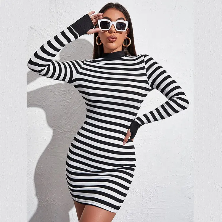 New Arrival O-neck Long Sleeve Bodycon Mini White And Black Striped Dresses Casual One Piece Women Pencil Dress