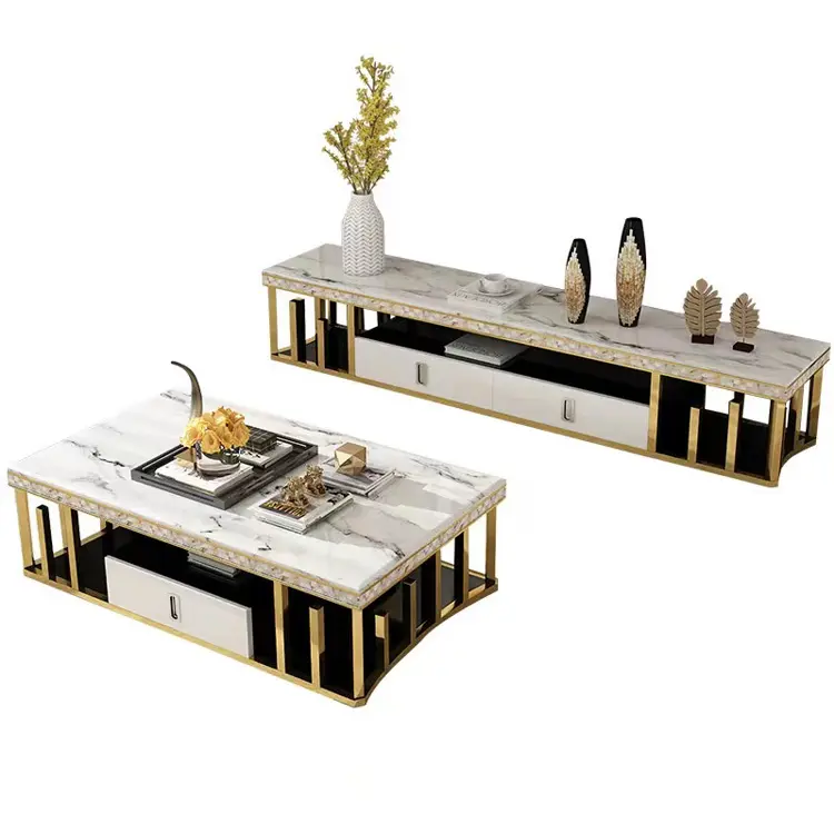 living room furniture stainless steel metal square white TV stand stone gold luxury glass modern marble coffee table