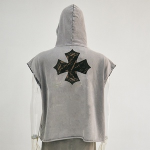 TKAN143 Wholesale Unisex Boxy Print <b>Tshirt</b> High Quality Cotton French Terry Hooded <b>Sleeveless</b> Streetwear Man Solid KNITTED - Product Image 2