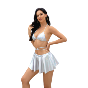 Maillot de bain 3 pièces <span class=keywords><strong>femme</strong></span> Metallic <span class=keywords><strong>Disco</strong></span> Outfit Bikini Set Halloween Sequin Tassel Jupe Bestdance - Product Image 5