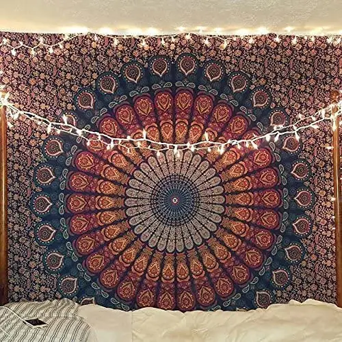 Custom Print Led Light Bohemian Mandala Boho Hippie Polyester Woven Blanket Moon Phases Bedroom Decor Wall Hanging Tapestry