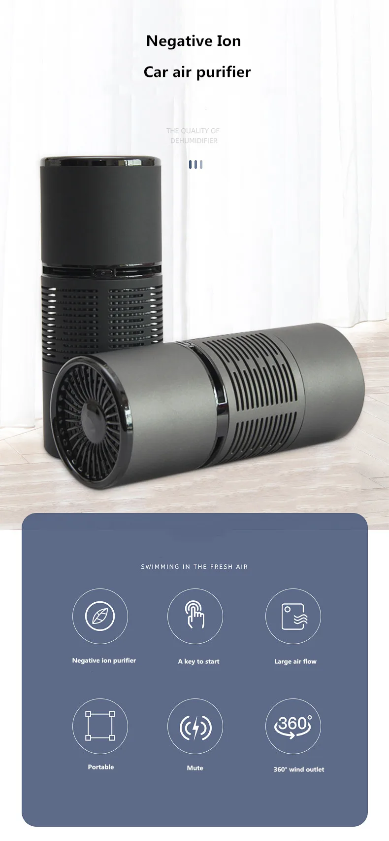 Factory OEM USB refresher portable mini car desk anion UVC 3 in1 true hepa filter air cleaner purifier