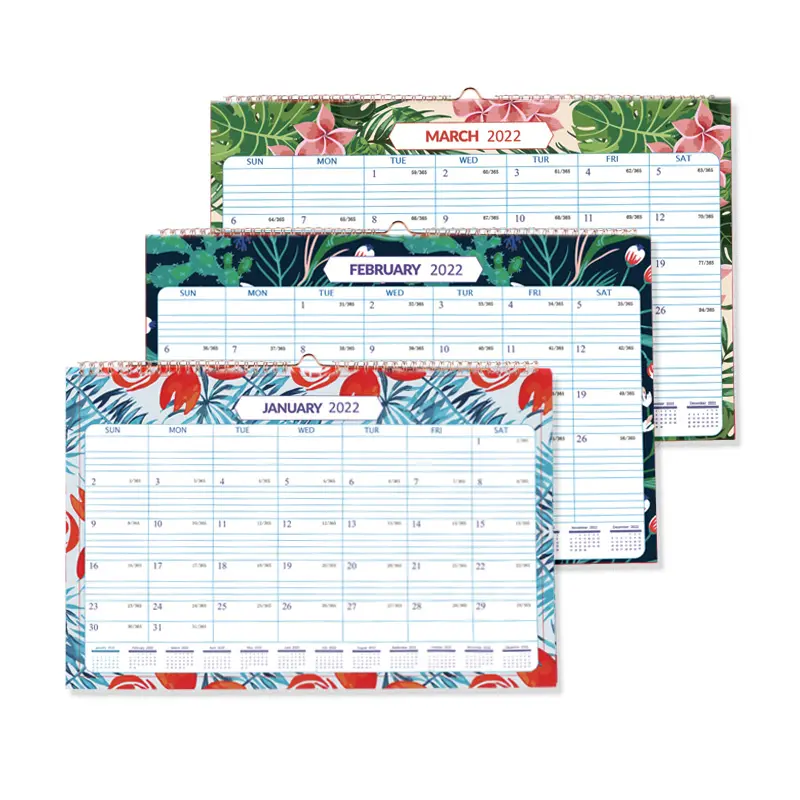 Custom Afdrukken 2022 Maand Bloemen Patroon 12 Pagina Maandelijkse Wekelijkse Kalender Notities Gouden Spiraal Binding Muur Kalender