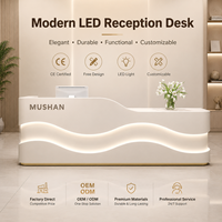 Comptoir de réception LED au design ondulé personnalisé en usine, comptoir d'accueil de bureau moderne OEM/ODM avec rangement et impression de logo