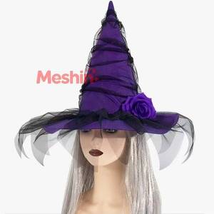 หมวกแม่มดฮาโลวีน MS พร้อมดอกกุหลาบและผ้าทูลล์ สีดำ/ม่วง สไตล์โกธิคสำหรับผู้หญิง อุปกรณ์เสริมชุดคอสเพลย์สำหรับงานปาร์ตี้ - Product Image 1