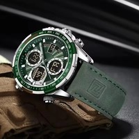 NAVIFORCE 9197 jam tangan Digital Quartz pria, jam tangan olahraga mewah tali kulit LCD dengan Alarm antiair dan tampilan ganda