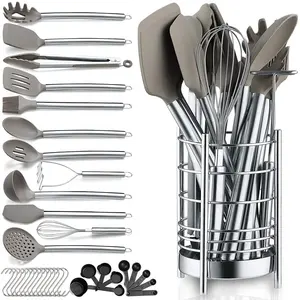 Utensílios de cozinha de silicone, conjunto de instrumentos de cozinha de aço inoxidável com pegador, 15 peças