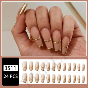 Faux ongles en gel solide ABS, style classique Old Money, finition brillante, nouvelle collection, forme amande carrée, French doré, semi-couvrant - Product Image 2