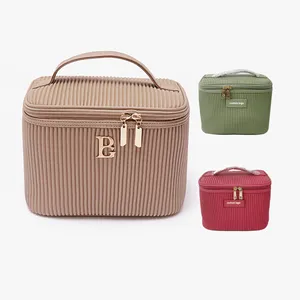 Private Label Custom Eco Friendly Makeup Bag Pleated PU Handle Beauty Waterproof Travel Storage Cosmetic Bags Cases