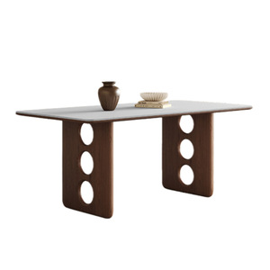 Table à manger rectangulaire en pierre de style vintage, en bois de noyer massif, meubles de salle à manger stables - Product Image 5