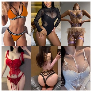 womens sexy lingerie uk Aranmei Women Sexy Garter Lingerie Set Lace Teddy Bodysuit Deep V Neck  Crisscross Back Strap Underwear with Panty main image 0