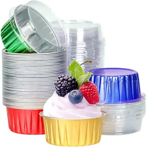 Disposable Aluminium Container High Quality Aluminium Foil Dessert Cup Full Color Cake Tray Bake Cup With Lid 84*35mm