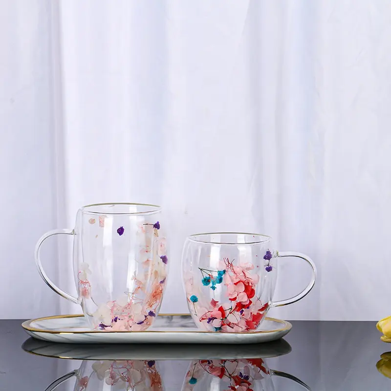 Flowers Double Glass Cup Double Wall Clear Glass Coffee Mugs Creative Clear Glass Cups With Handle For Cappuccino Latte