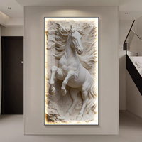 Cuadro de Porcelana con Cristales y Caballos, Estilo Moderno y Lujoso, para Sala de Estar o Porche, con Luz LED de Control Remoto, Decoración de Pared