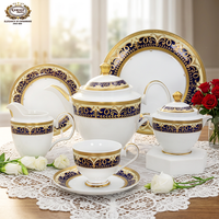 Service de table en porcelaine élégante de luxe, 98 pièces, couleur bleue, comprenant des tasses à thé et des plats de service avec des assiettes rondes
