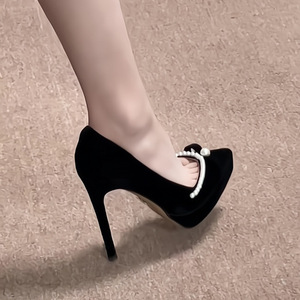 Nouvelles escarpins noirs en velours pour femme, ornés de perles, à talons aiguilles, plateforme et bout fermé, pour soirée - Product Image 2