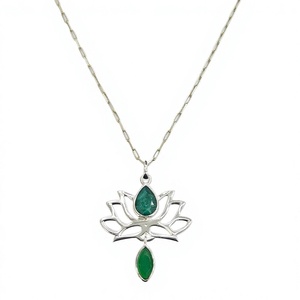 Designer 925 Sterling Silver Lotus Flower <b>Pendant</b> with <b>Emerald</b>, Green Onyx Gemstone Jewelry Wedding Party Wear - Product Image 2