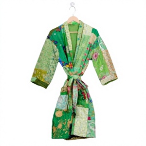 Robe longue verte à fleurs pour femme, manches longues, broderie main, 100 % coton, décontractée, col en V, fermeture à cordon, style vintage - Product Image 1