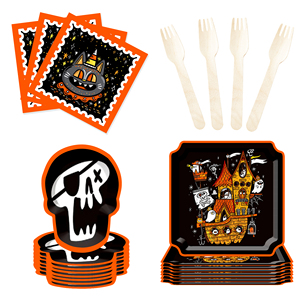 DAMAI Nouvel ensemble de vaisselle pour fête d'Halloween, éléments pirates, assiettes en papier et design tête de mort pour les fournitures d'Halloween, sert 8 invités - Product Image 4