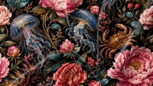 Art Nouveau Floral and Jellyfish Velvet Blackout <b>Curtain</b> Panel Elegant Botanical Ocean Inspired Window Drapery <b>for</b> Living Room - Product Image 4