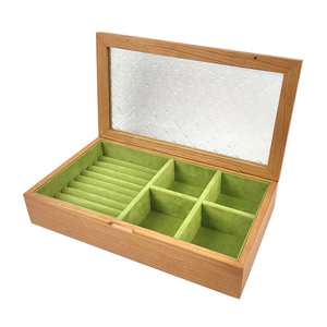 Caja de regalo de joyería de terciopelo de madera de cerezo de lujo grande con logotipo personalizado con tapa de vidrio en relieve para anillos, pendientes, pulseras, Relojes - Product Image 2