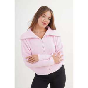 Cardigan rose en tricot à col zippé pour femme, style décontracté, tissu anti-boulochage - Product Image 4