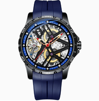 Luxuriöse Skelett-Mechanikuhr für Herren, Wasserdichte Leuchtende Automatik-Armbanduhr mit Blauem Silikonarmband