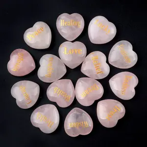 Pierres inspirantes avec mots cristal naturel 30mm pierre de Quartz Rose coeur amour sculpté paix bonheur gentillesse chanceux