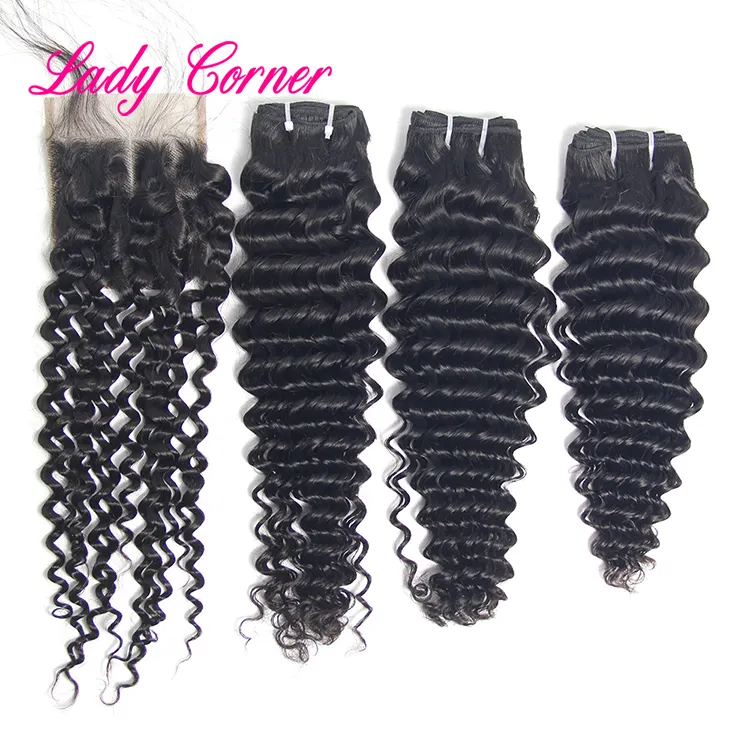 Fast shipping free sample high quality 12a Deep wave with closure unprocessed indian remy virgin human hair weave for cheap