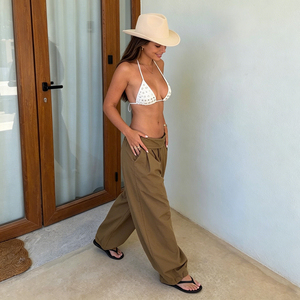 Pantalones Jogger de Pierna Ancha con Cintura Elástica y Cordón, Estilo Urbano Americano, Color Sólido, Moda Relajada, Cintura Baja, Casual - Product Image 4