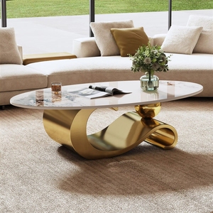 Mesa de <span class=keywords><strong>Centro</strong></span> Ovalada de Piedra Sinterizada de 49.2 Pulgadas, Base de Acero Inoxidable Dorado Contemporáneo, <span class=keywords><strong>Centro</strong></span> Moderno para Sala de Estar - Product Image 1