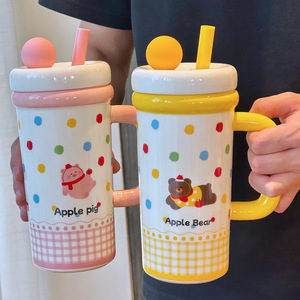 Apple Bear Ceramic Mug <b>With</b> <b>Lid</b> <b>And</b> <b>Straw</b> Yellow Polka Dot Design Large Capacity For Home Use Gift <b>Cup</b> Spring 2025 - Product Image 5