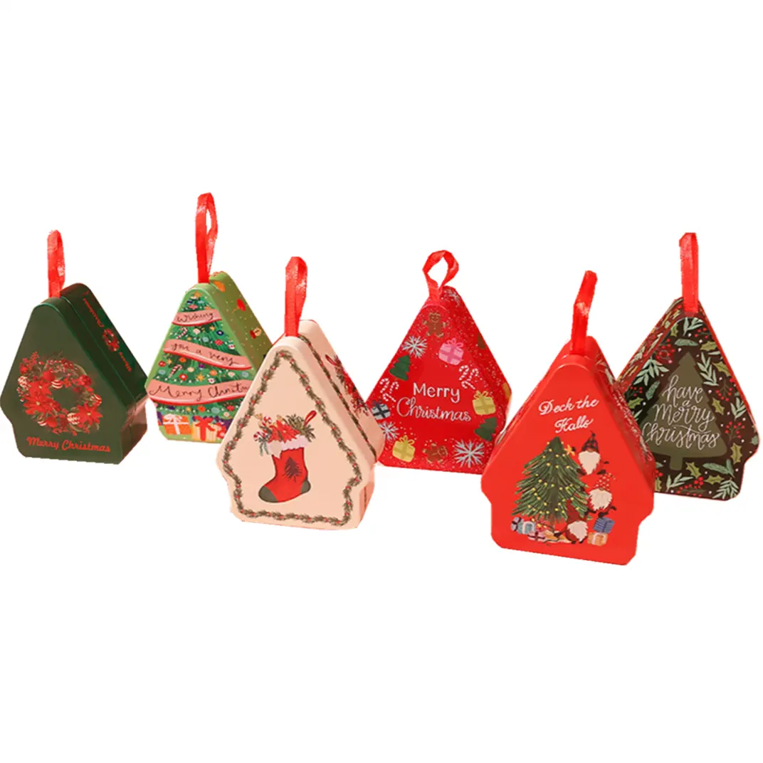Caja de hojalata con formas de casa para decoraciones de Nochebuena, embalaje de lata de chocolate, galletas, dulces