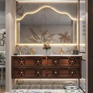 Mueble de Baño de Pared Estilo Vintage Francés Personalizado con <span class=keywords><strong>Lavabo</strong></span> Integrado de Cerámica Curvado en Caliente, <span class=keywords><strong>Lavabo</strong></span> Inteligente para Maquillaje - Product Image 3