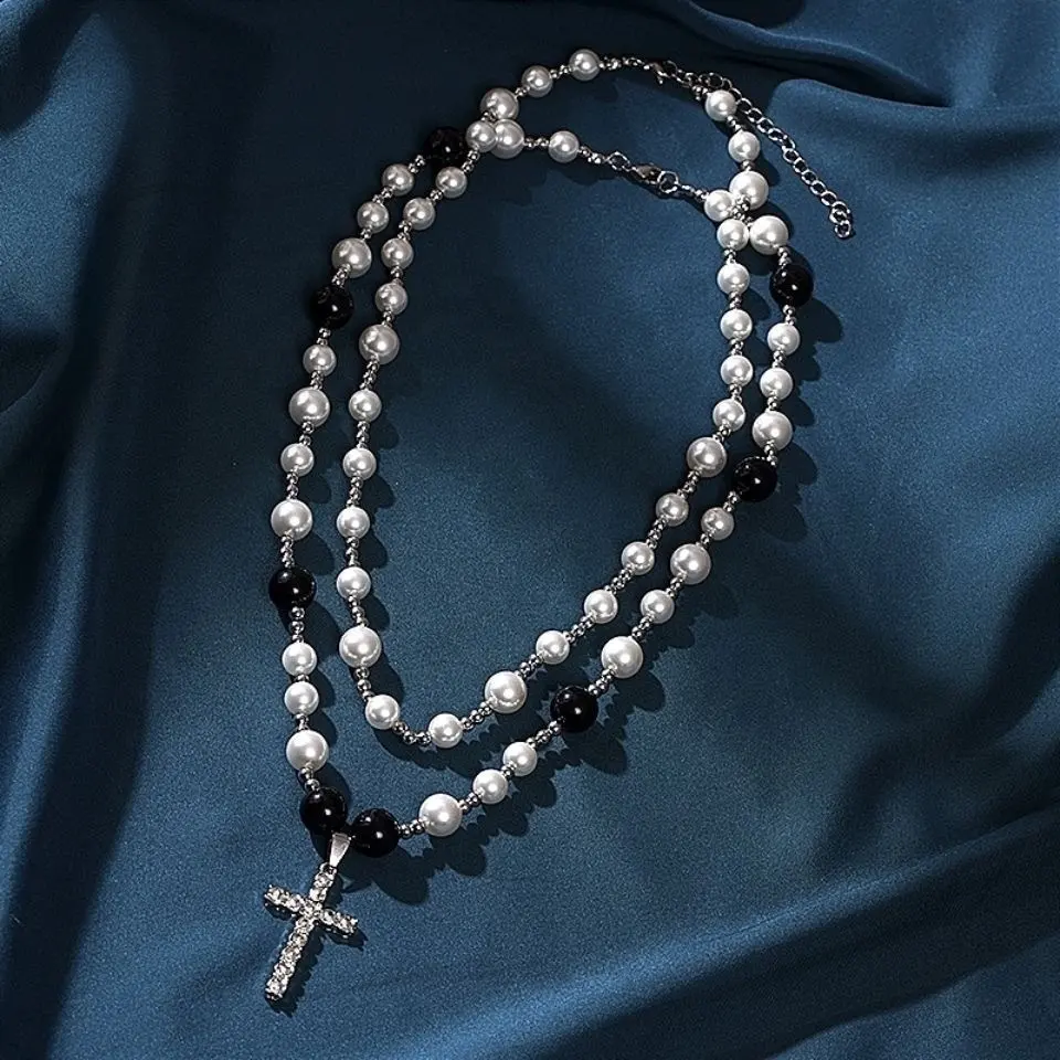 Einzigartige Hip Hop stilvolle Zirkonia Kreuz Paare schwarz und weiß Perlen Perlenkette für Männer