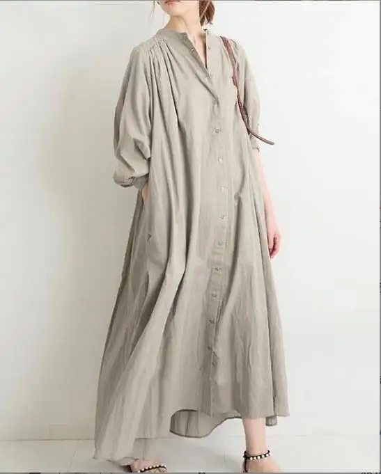 2023 Women's Five-Sleeve Solid Color Cotton Linen Dress Stand Up Collar Women's Clothes Casual Loose Fitting Dress