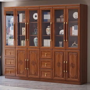 Chinese Style Walnut <b>Solid</b> <b>Wood</b> <b>Bookcase</b> With Glass Doors Storage Cabinet For Home Office Library - Product Image 3