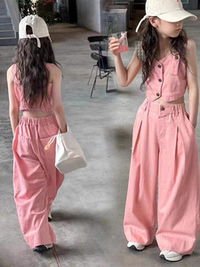 Set di abbigliamento per ragazze 2025 estate nuovo stile per bambini grandi abiti in Denim alla moda con <span class=keywords><strong>bretelle</strong></span> pantaloni dritti abito a due pezzi - Product Image 2