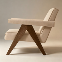 Fauteuil lounge moderne artisanal avec pieds en V inversé et finition en bois subtilement effiloché, meubles en bois pour salon
